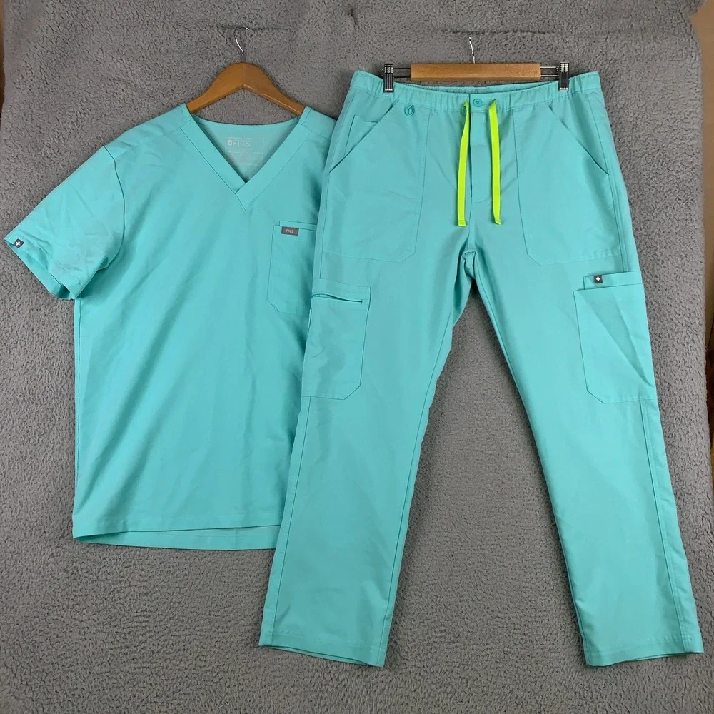 FIGS Scrub Set Men's Large L Leon Top & Cairo Pants Teal V-Neck Cargo Uniform